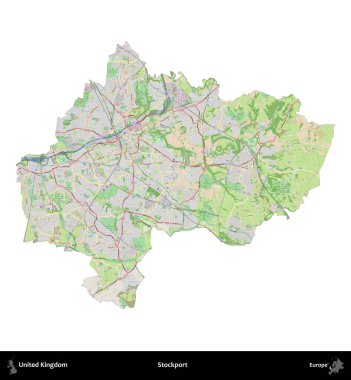 - Stockport. Birleşik Krallık 'ın idari alanı bir OpenStreetMap Fransız tarzı haritada beyazda izole edildi
