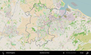 Stockton-on-Tees. Bir OpenStreetMap Fransız tarzı haritada Birleşik Krallık 'ın özetlenmiş idari alanı