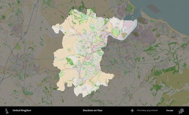 Stockton-on-Tees. Birleşik Krallık 'ın idari alanı koyu renk bir OpenStreetMap Fransız tarzı haritada altı çizilmiş ve özetlenmiştir