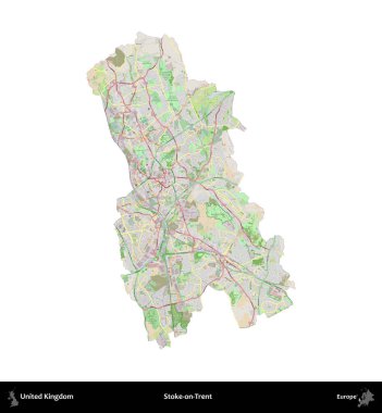 Stoke-on-Trent. Birleşik Krallık 'ın idari alanı bir OpenStreetMap Fransız tarzı haritada beyazda izole edildi