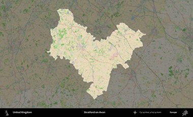 Stratford-on-Avon. Birleşik Krallık 'ın idari alanı koyu renk bir OpenStreetMap Fransız tarzı haritada altı çizilmiş ve özetlenmiştir