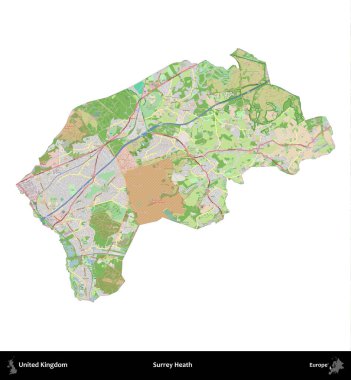 Surrey Heath. Birleşik Krallık 'ın idari alanı bir OpenStreetMap Fransız tarzı haritada beyazda izole edildi