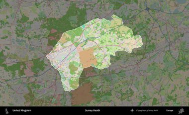 Surrey Heath. Birleşik Krallık 'ın idari alanı koyu renk bir OpenStreetMap Fransız tarzı haritada altı çizilmiş ve özetlenmiştir