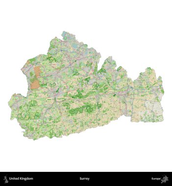 Surrey. Birleşik Krallık 'ın idari alanı bir OpenStreetMap Fransız tarzı haritada beyazda izole edildi