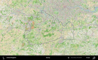 Surrey. Bir OpenStreetMap Fransız tarzı haritada Birleşik Krallık 'ın özetlenmiş idari alanı