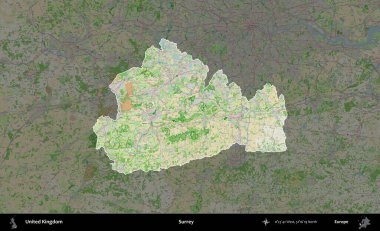 Surrey. Birleşik Krallık 'ın idari alanı koyu renk bir OpenStreetMap Fransız tarzı haritada altı çizilmiş ve özetlenmiştir