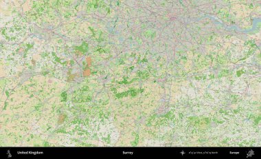 Surrey. Bir OpenStreetMap Fransız stili haritasında Birleşik Krallık 'ın idari alanı