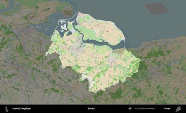 Swale. Birleşik Krallık 'ın idari alanı koyu renk bir OpenStreetMap Fransız tarzı haritada altı çizilmiş ve özetlenmiştir