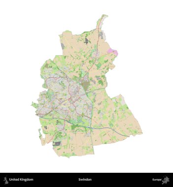 Swindon. Birleşik Krallık 'ın idari alanı bir OpenStreetMap Fransız tarzı haritada beyazda izole edildi