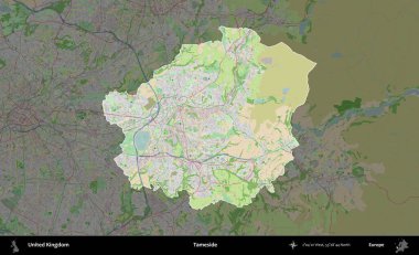 Tameside 'da. Birleşik Krallık 'ın idari alanı koyu renk bir OpenStreetMap Fransız tarzı haritada altı çizilmiş ve özetlenmiştir