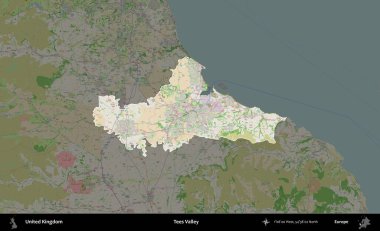 Tees Valley 'de. Birleşik Krallık 'ın idari alanı koyu renk bir OpenStreetMap Fransız tarzı haritada altı çizilmiş ve özetlenmiştir