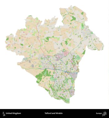 Telford ve Wrekin. Birleşik Krallık 'ın idari alanı bir OpenStreetMap Fransız tarzı haritada beyazda izole edildi