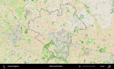 Telford ve Wrekin. Bir OpenStreetMap Fransız tarzı haritada Birleşik Krallık 'ın özetlenmiş idari alanı