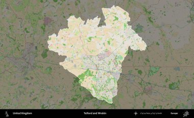 Telford ve Wrekin. Birleşik Krallık 'ın idari alanı koyu renk bir OpenStreetMap Fransız tarzı haritada altı çizilmiş ve özetlenmiştir