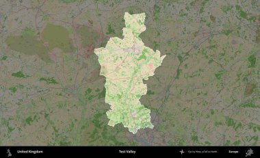 Test vadisi. Birleşik Krallık 'ın idari alanı koyu renk bir OpenStreetMap Fransız tarzı haritada altı çizilmiş ve özetlenmiştir