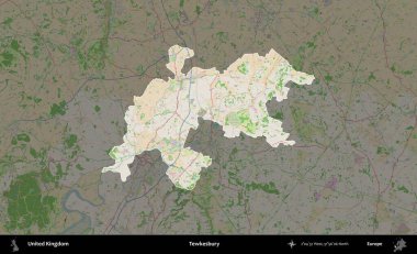 Tewkesbury 'de. Birleşik Krallık 'ın idari alanı koyu renk bir OpenStreetMap Fransız tarzı haritada altı çizilmiş ve özetlenmiştir