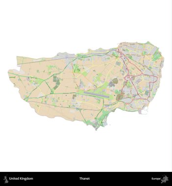 Thanet. Birleşik Krallık 'ın idari alanı bir OpenStreetMap Fransız tarzı haritada beyazda izole edildi
