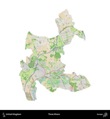 Üç Nehir. Birleşik Krallık 'ın idari alanı bir OpenStreetMap Fransız tarzı haritada beyazda izole edildi