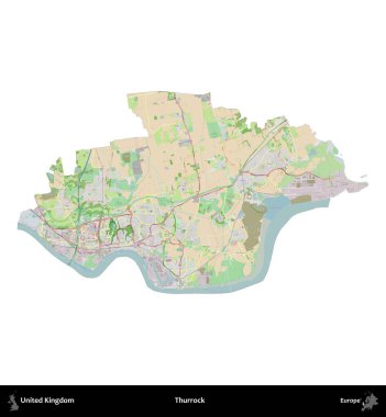 Thurrock. Birleşik Krallık 'ın idari alanı bir OpenStreetMap Fransız tarzı haritada beyazda izole edildi