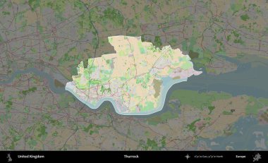 Thurrock. Birleşik Krallık 'ın idari alanı koyu renk bir OpenStreetMap Fransız tarzı haritada altı çizilmiş ve özetlenmiştir