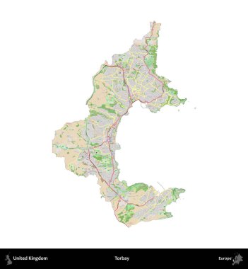 Torbay. Birleşik Krallık 'ın idari alanı bir OpenStreetMap Fransız tarzı haritada beyazda izole edildi