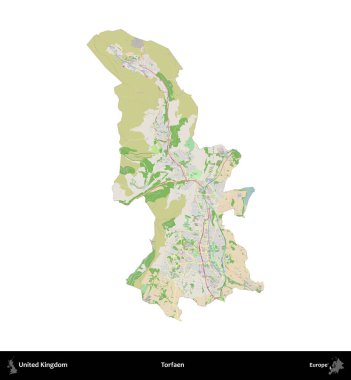 Torfaen. Birleşik Krallık 'ın idari alanı bir OpenStreetMap Fransız tarzı haritada beyazda izole edildi
