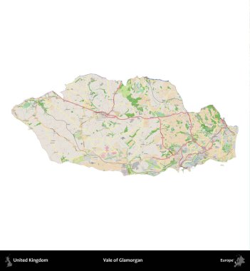 Glamorgan Vadisi. Birleşik Krallık 'ın idari alanı bir OpenStreetMap Fransız tarzı haritada beyazda izole edildi