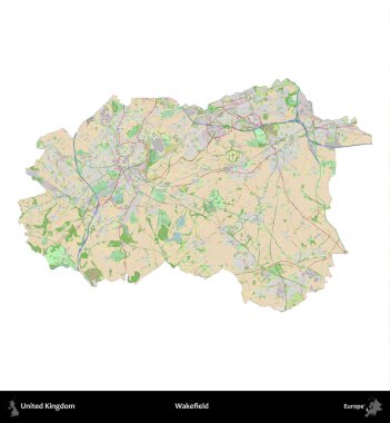 Wakefield 'da. Birleşik Krallık 'ın idari alanı bir OpenStreetMap Fransız tarzı haritada beyazda izole edildi