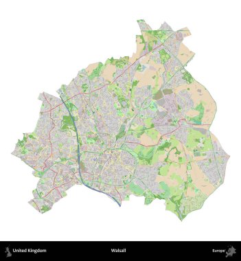Walsall. Birleşik Krallık 'ın idari alanı bir OpenStreetMap Fransız tarzı haritada beyazda izole edildi