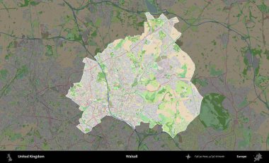 Walsall. Birleşik Krallık 'ın idari alanı koyu renk bir OpenStreetMap Fransız tarzı haritada altı çizilmiş ve özetlenmiştir