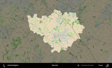 Warwick. Birleşik Krallık 'ın idari alanı koyu renk bir OpenStreetMap Fransız tarzı haritada altı çizilmiş ve özetlenmiştir