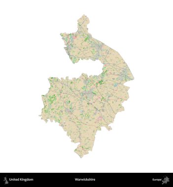 Warwickshire 'da. Birleşik Krallık 'ın idari alanı bir OpenStreetMap Fransız tarzı haritada beyazda izole edildi