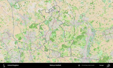 Welwyn Hatfield. Bir OpenStreetMap Fransız tarzı haritada Birleşik Krallık 'ın özetlenmiş idari alanı