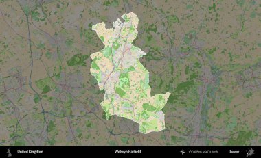 Welwyn Hatfield. Birleşik Krallık 'ın idari alanı koyu renk bir OpenStreetMap Fransız tarzı haritada altı çizilmiş ve özetlenmiştir