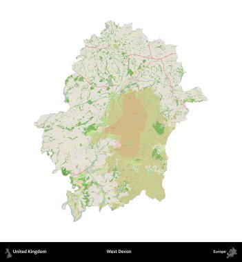 Batı Devon. Birleşik Krallık 'ın idari alanı bir OpenStreetMap Fransız tarzı haritada beyazda izole edildi