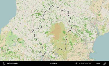 Batı Devon. Bir OpenStreetMap Fransız tarzı haritada Birleşik Krallık 'ın özetlenmiş idari alanı