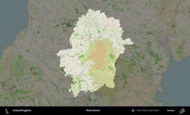 Batı Devon. Birleşik Krallık 'ın idari alanı koyu renk bir OpenStreetMap Fransız tarzı haritada altı çizilmiş ve özetlenmiştir