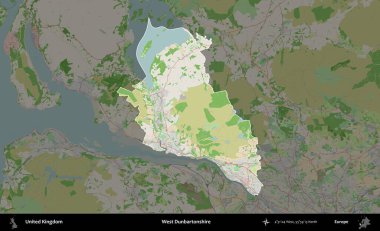 Batı Dunbartonshire. Birleşik Krallık 'ın idari alanı koyu renk bir OpenStreetMap Fransız tarzı haritada altı çizilmiş ve özetlenmiştir