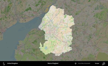 İngiltere 'nin batısında. Birleşik Krallık 'ın idari alanı koyu renk bir OpenStreetMap Fransız tarzı haritada altı çizilmiş ve özetlenmiştir