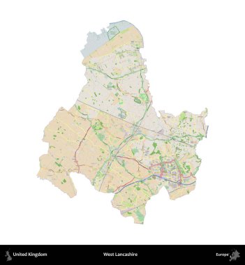 Batı Lancashire. Birleşik Krallık 'ın idari alanı bir OpenStreetMap Fransız tarzı haritada beyazda izole edildi