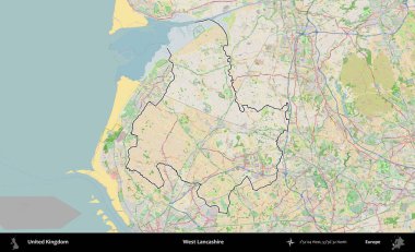 Batı Lancashire. Bir OpenStreetMap Fransız tarzı haritada Birleşik Krallık 'ın özetlenmiş idari alanı