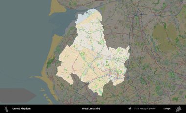 Batı Lancashire. Birleşik Krallık 'ın idari alanı koyu renk bir OpenStreetMap Fransız tarzı haritada altı çizilmiş ve özetlenmiştir