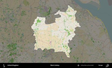 Batı Lindsey. Birleşik Krallık 'ın idari alanı koyu renk bir OpenStreetMap Fransız tarzı haritada altı çizilmiş ve özetlenmiştir