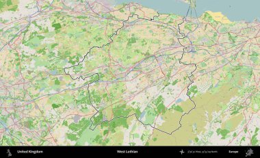 Batı Lothian. Bir OpenStreetMap Fransız tarzı haritada Birleşik Krallık 'ın özetlenmiş idari alanı