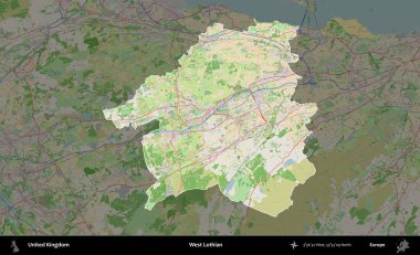 Batı Lothian. Birleşik Krallık 'ın idari alanı koyu renk bir OpenStreetMap Fransız tarzı haritada altı çizilmiş ve özetlenmiştir
