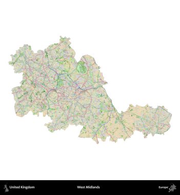 Batı Midlands. Birleşik Krallık 'ın idari alanı bir OpenStreetMap Fransız tarzı haritada beyazda izole edildi