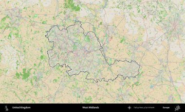 Batı Midlands. Bir OpenStreetMap Fransız tarzı haritada Birleşik Krallık 'ın özetlenmiş idari alanı