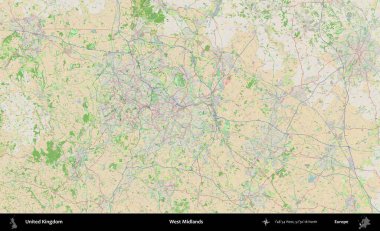 Batı Midlands. Bir OpenStreetMap Fransız stili haritasında Birleşik Krallık 'ın idari alanı