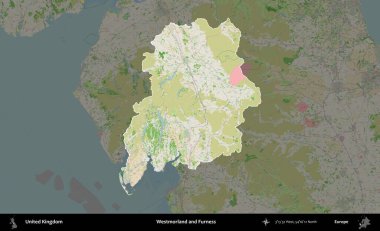 Westmorland ve Furness. Birleşik Krallık 'ın idari alanı koyu renk bir OpenStreetMap Fransız tarzı haritada altı çizilmiş ve özetlenmiştir