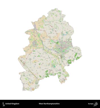 Batı Northamptonshire. Birleşik Krallık 'ın idari alanı bir OpenStreetMap Fransız tarzı haritada beyazda izole edildi